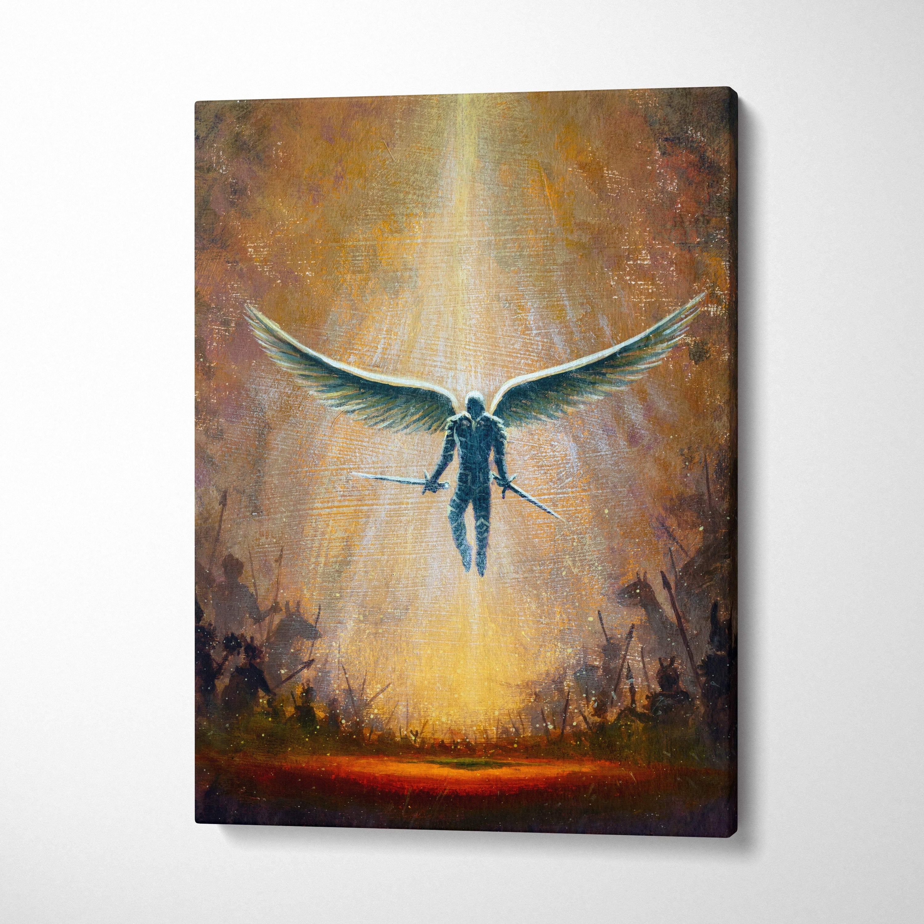 Angel warrior canvas print showing a winged figure with two swords in radiant gold light above a battlefield