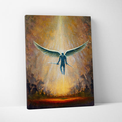 Angel warrior canvas print of a winged figure holding two swords against golden light and dark silhouettes