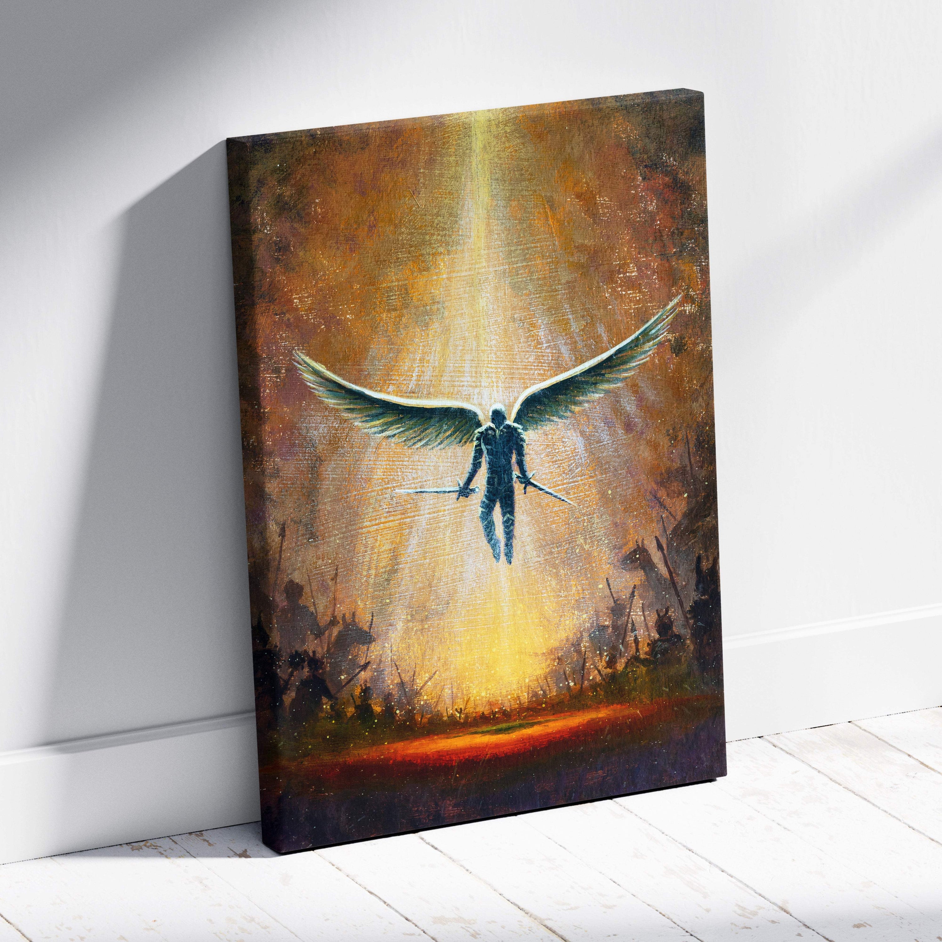 Angel warrior canvas print with dark angel silhouette and swords on radiant golden orange fantasy battle backdrop