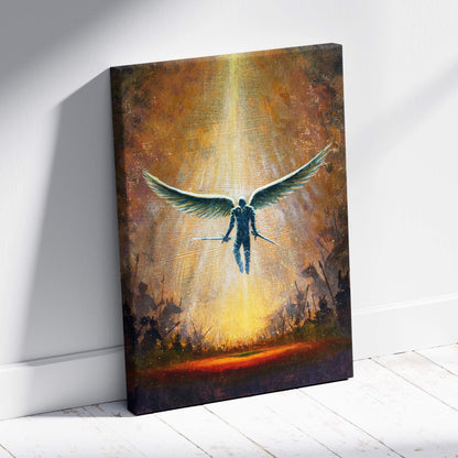 Angel warrior canvas print with dark angel silhouette and swords on radiant golden orange fantasy battle backdrop