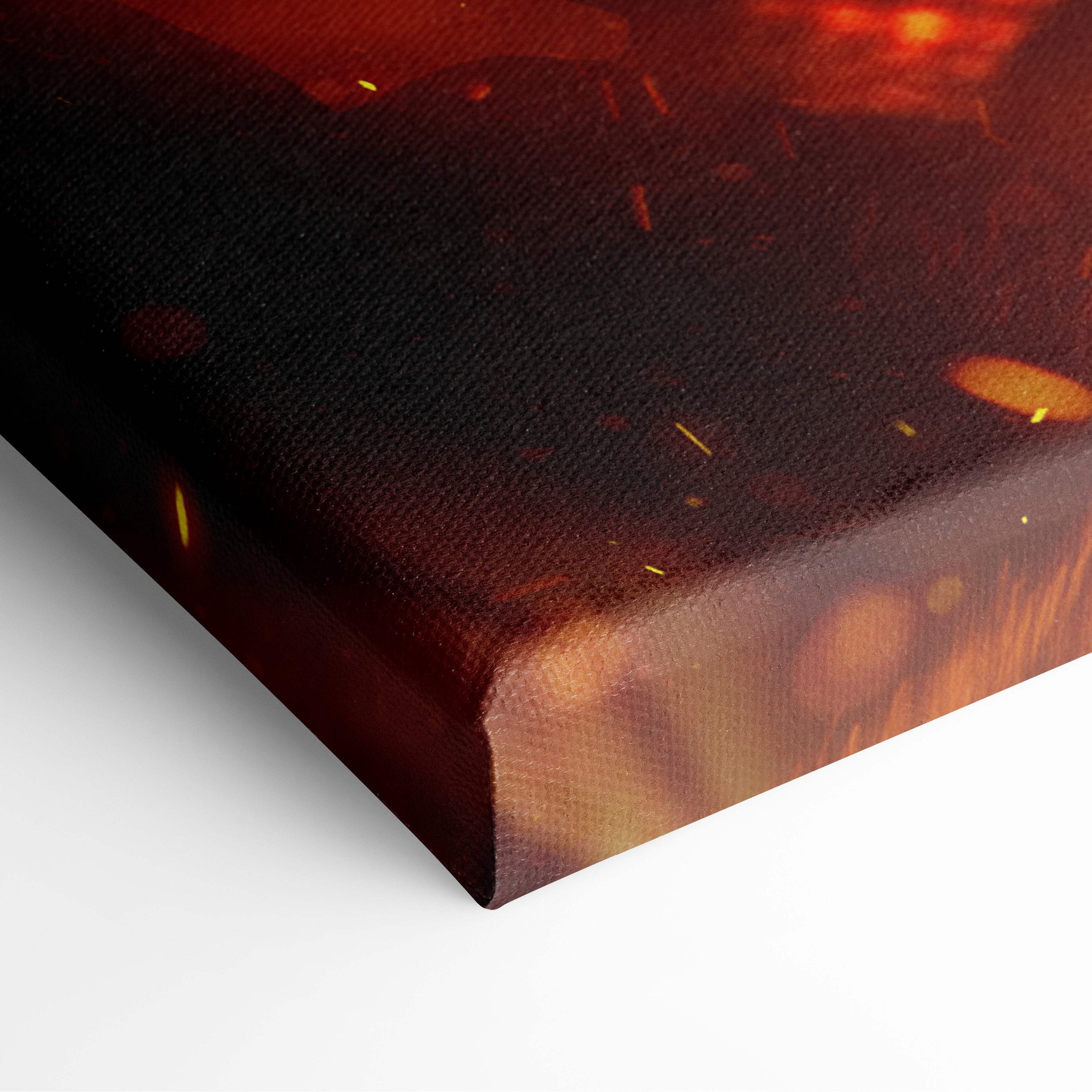 Fiery samurai warrior canvas print with glowing orange red sparks on dark background for fantasy wall art