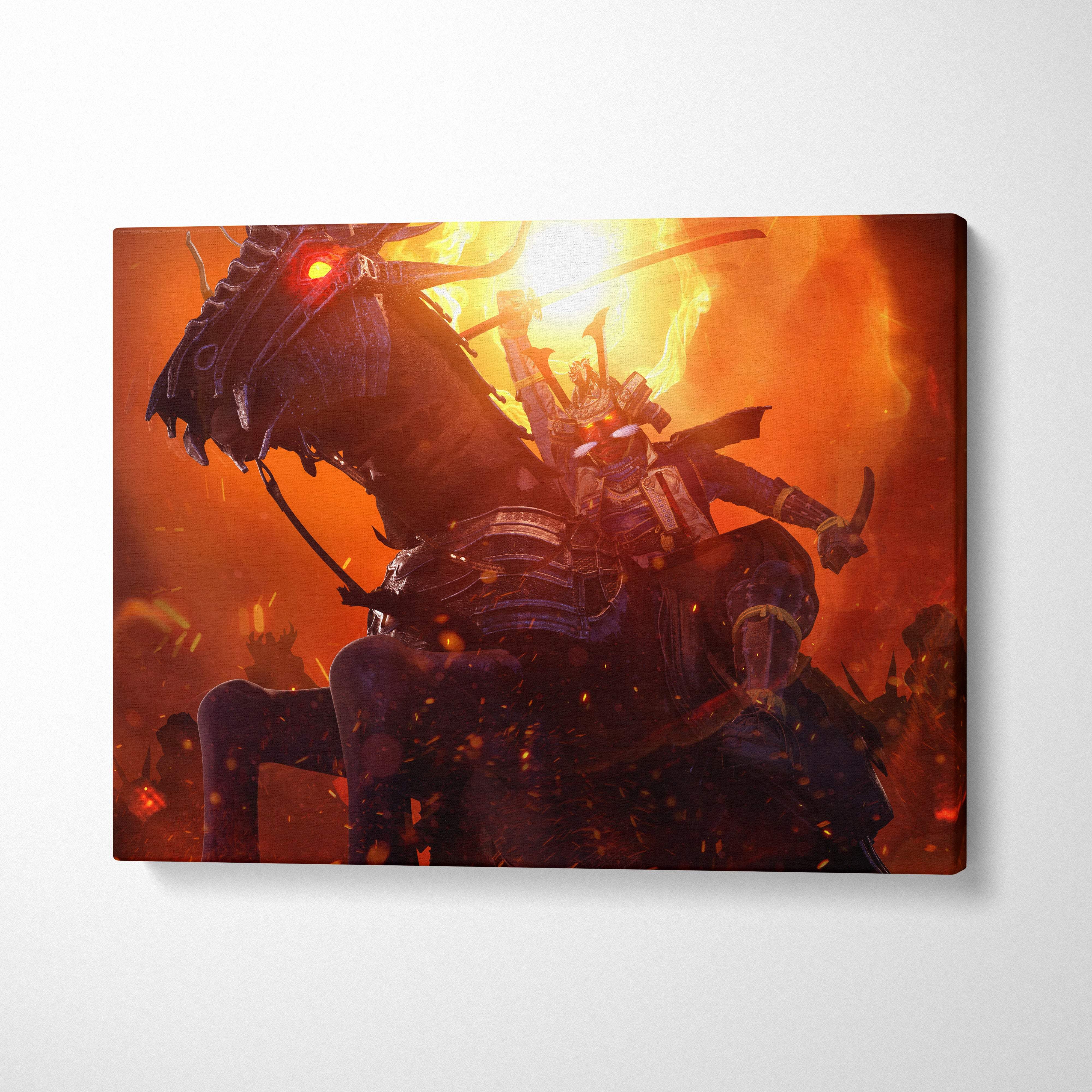 Vibrant orange and black canvas print of a fiery samurai warrior on horseback with blazing battle background
