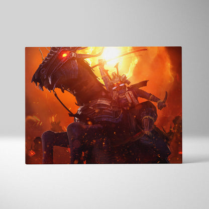 Fiery samurai warrior canvas art featuring vibrant orange and red digital print of armored rider on demonic horse
