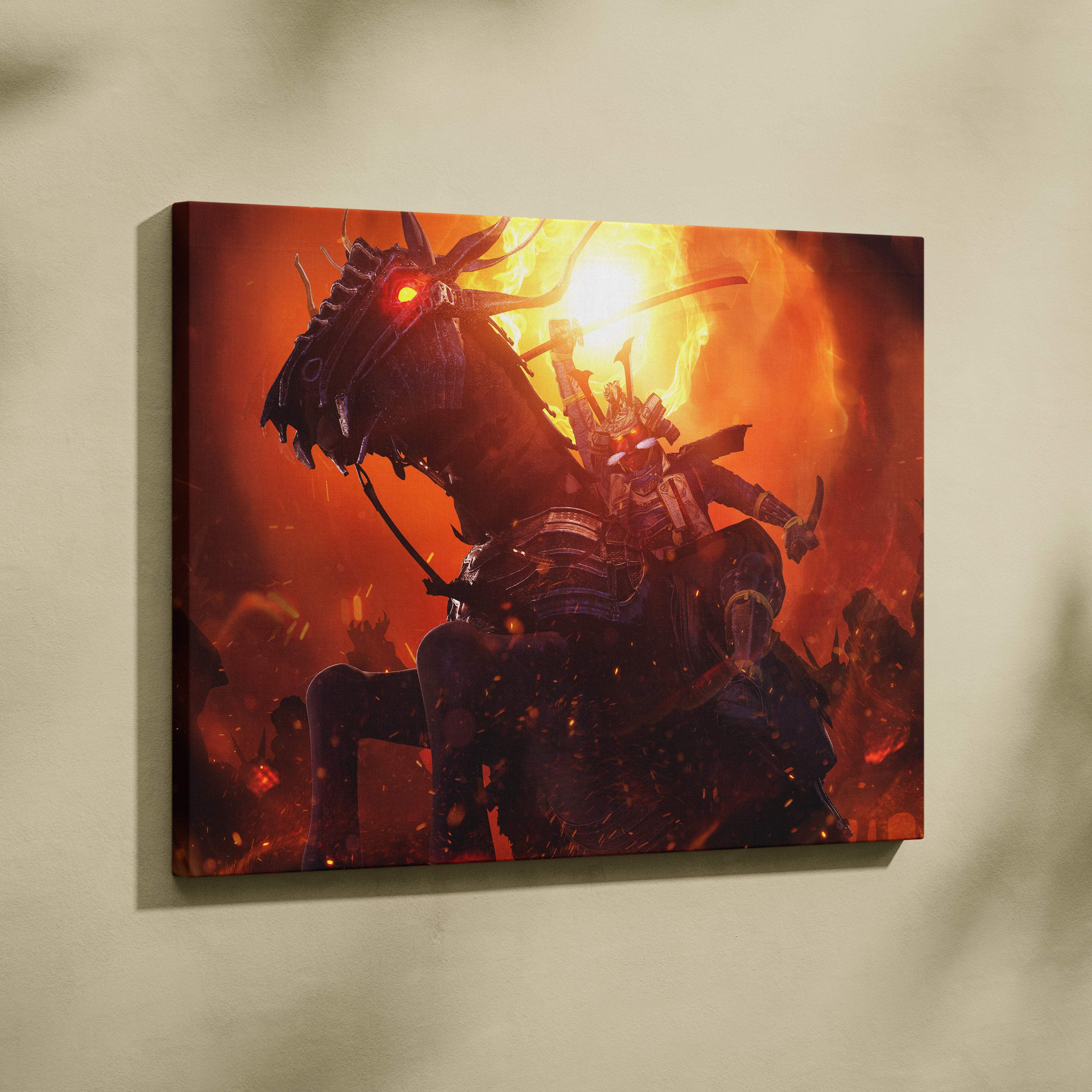 Fiery samurai warrior canvas art featuring a dark armored rider on a demonic horse with a red-orange blaze background