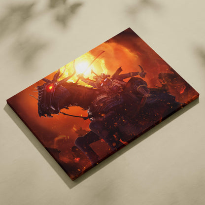 Fiery samurai warrior canvas art depicting vibrant orange and red armored riders on horseback in a fantasy battle scene