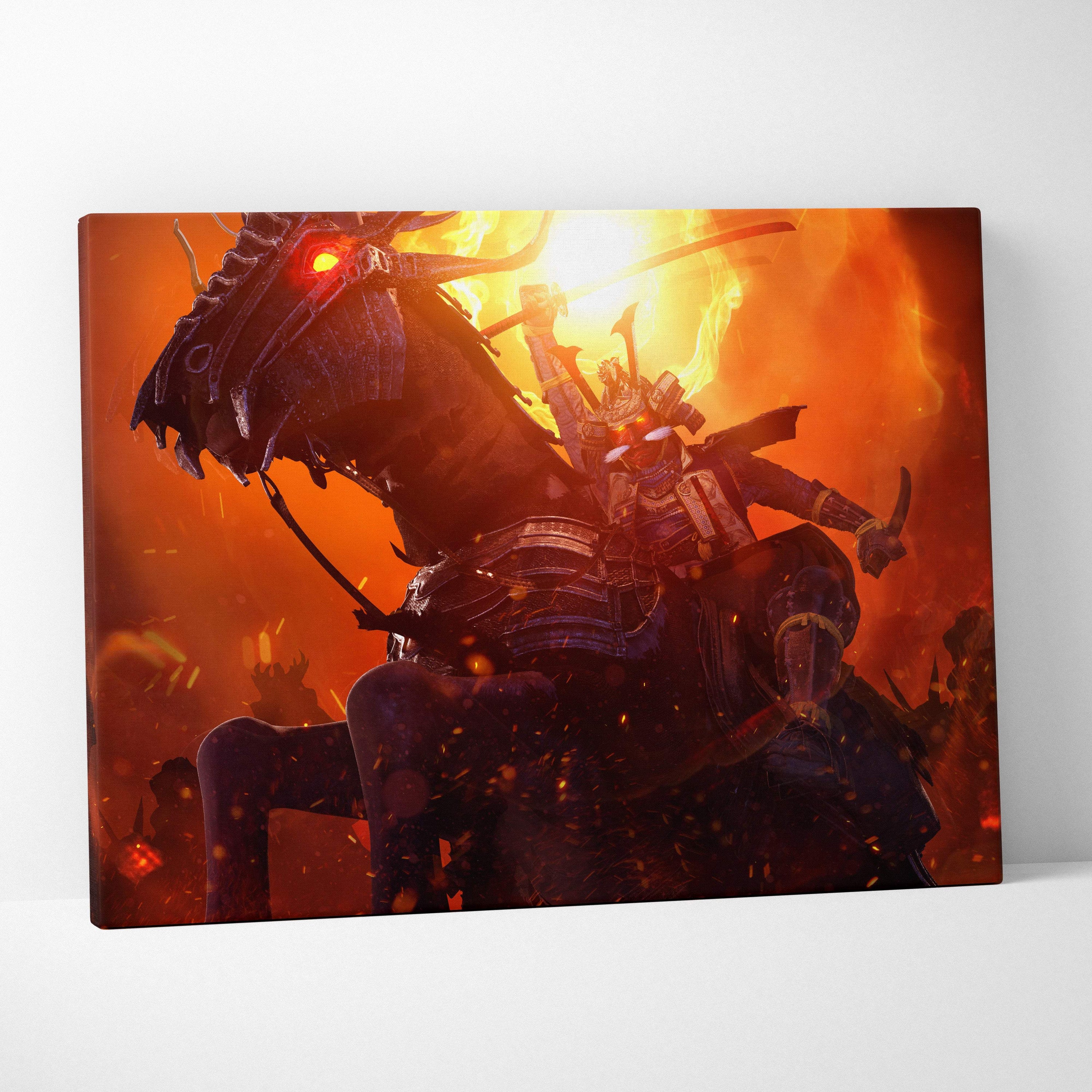 Fiery samurai warrior canvas art featuring a dark armored rider on a black horse amid blazing orange and red flames