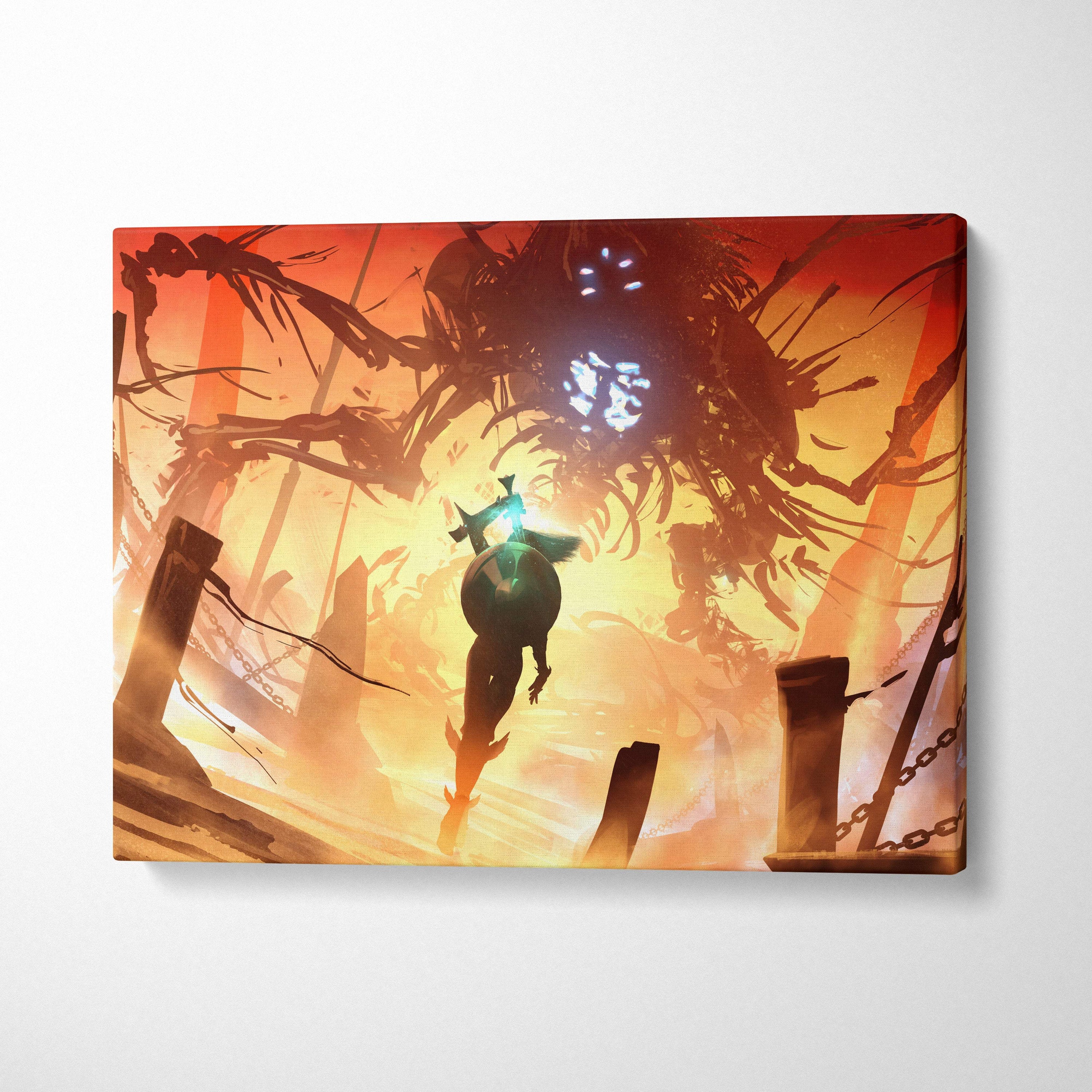 A vibrant rectangular canvas print of a hero with green sword and shield facing a giant spider monster against an orange sky