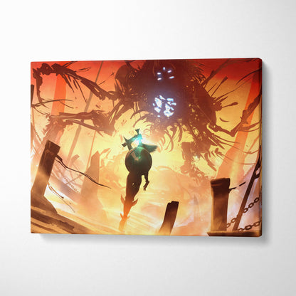 A vibrant rectangular canvas print of a hero with green sword and shield facing a giant spider monster against an orange sky