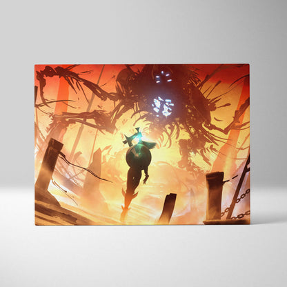 Rectangular canvas print of dark fantasy illustration with lone warrior glowing blue sword and giant spider monster
