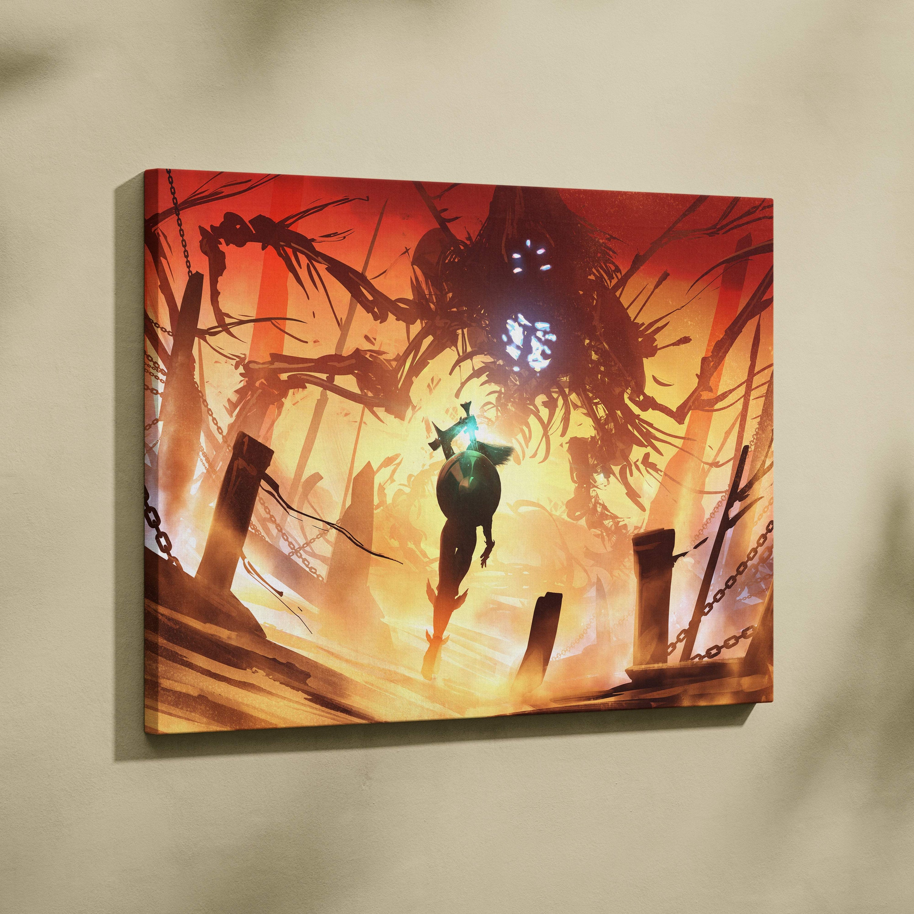 Epic final battle canvas art featuring vibrant red and orange fantasy scene with hero silhouette and glowing-eyed monster