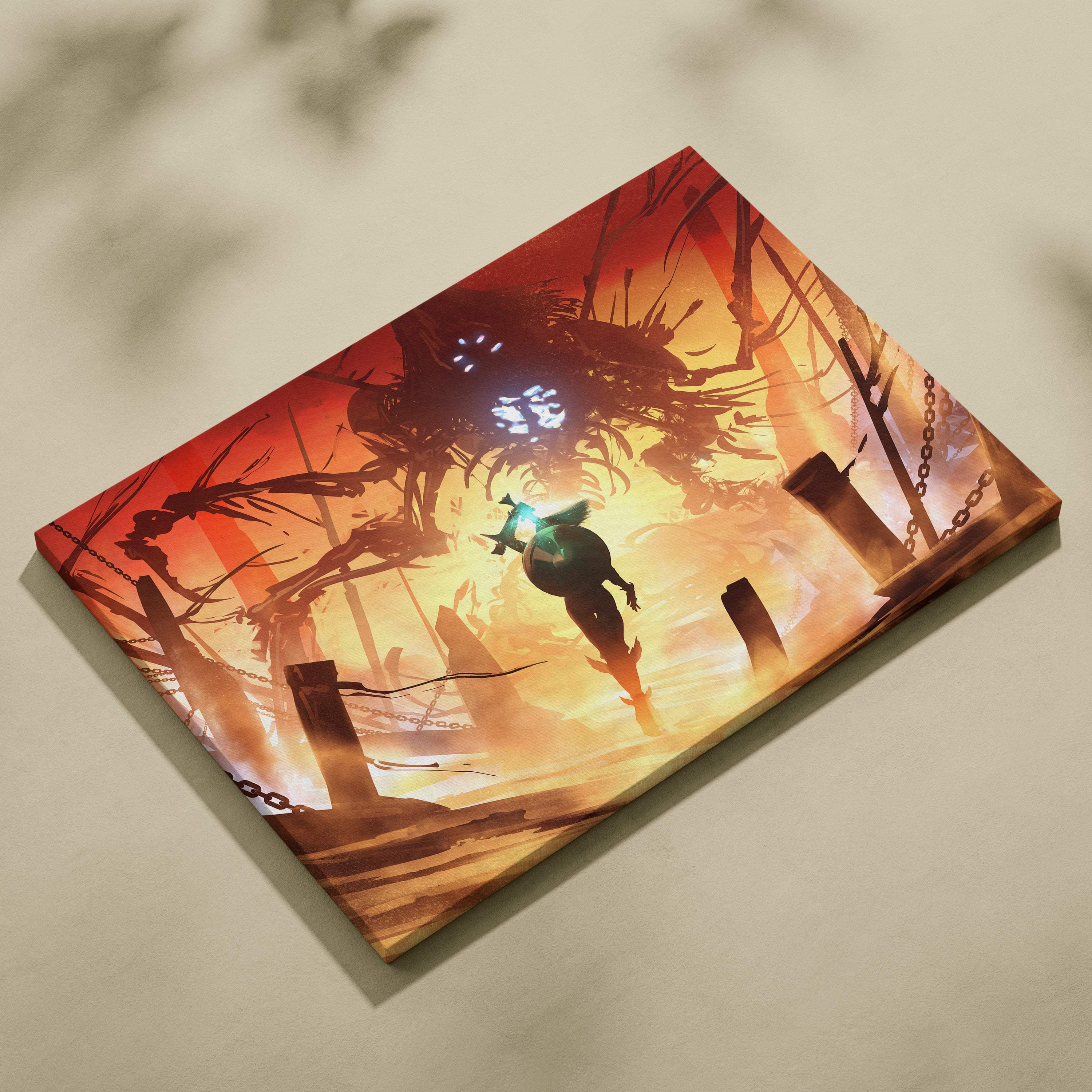 Rectangular canvas print of a dark fantasy scene with a hero silhouette and fiery apocalypse sky in orange and blue hues