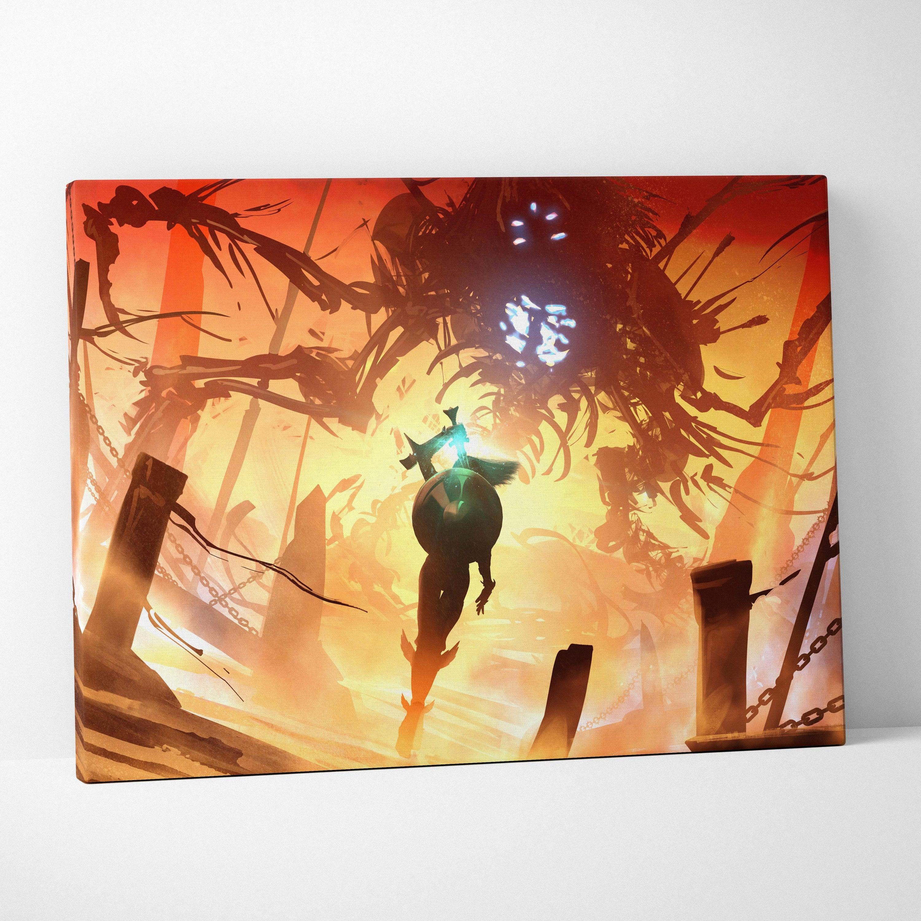 A vibrant rectangular canvas print featuring a stylized dark fantasy final battle scene with warm orange and yellow hues