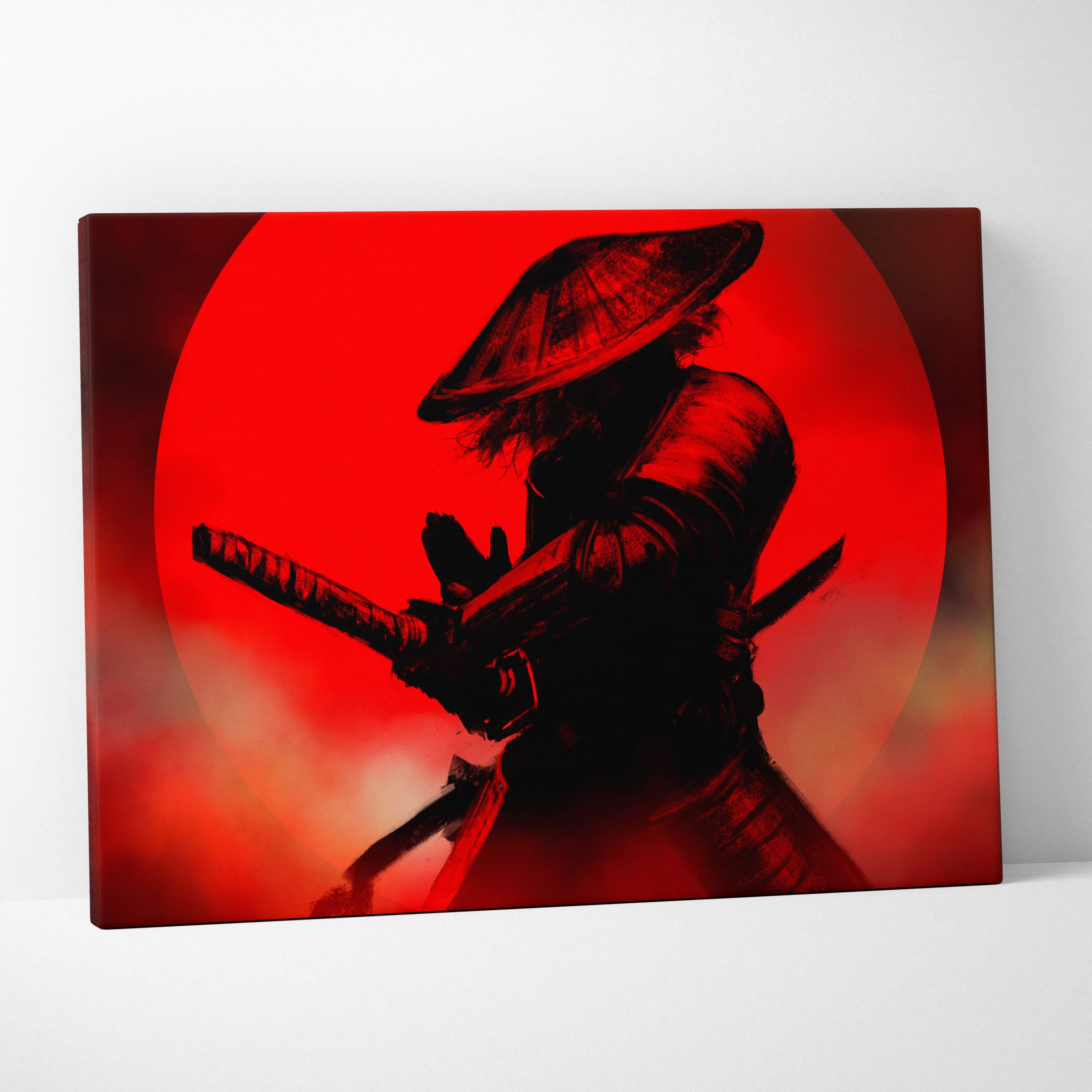 Red samurai canvas print with black silhouette of a samurai in armor holding katana against vivid red backdrop