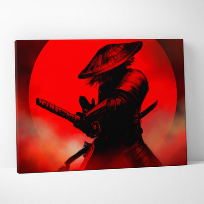 Red samurai canvas print with black silhouette of a samurai in armor holding katana against vivid red backdrop