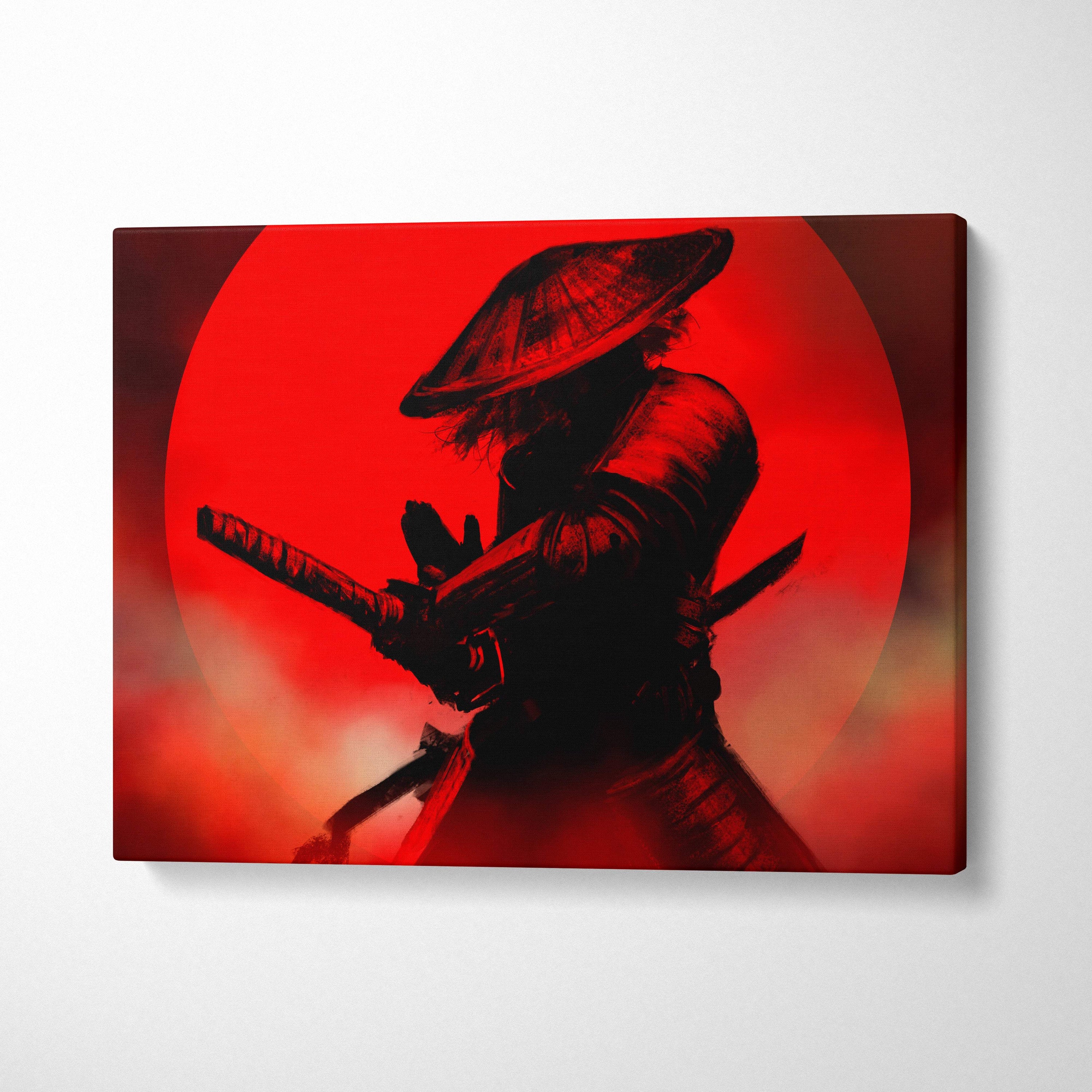 Red samurai canvas print featuring a black ninja silhouette with swords against a vivid red circular background