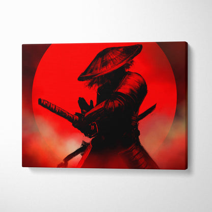 Red samurai canvas print featuring a black ninja silhouette with swords against a vivid red circular background