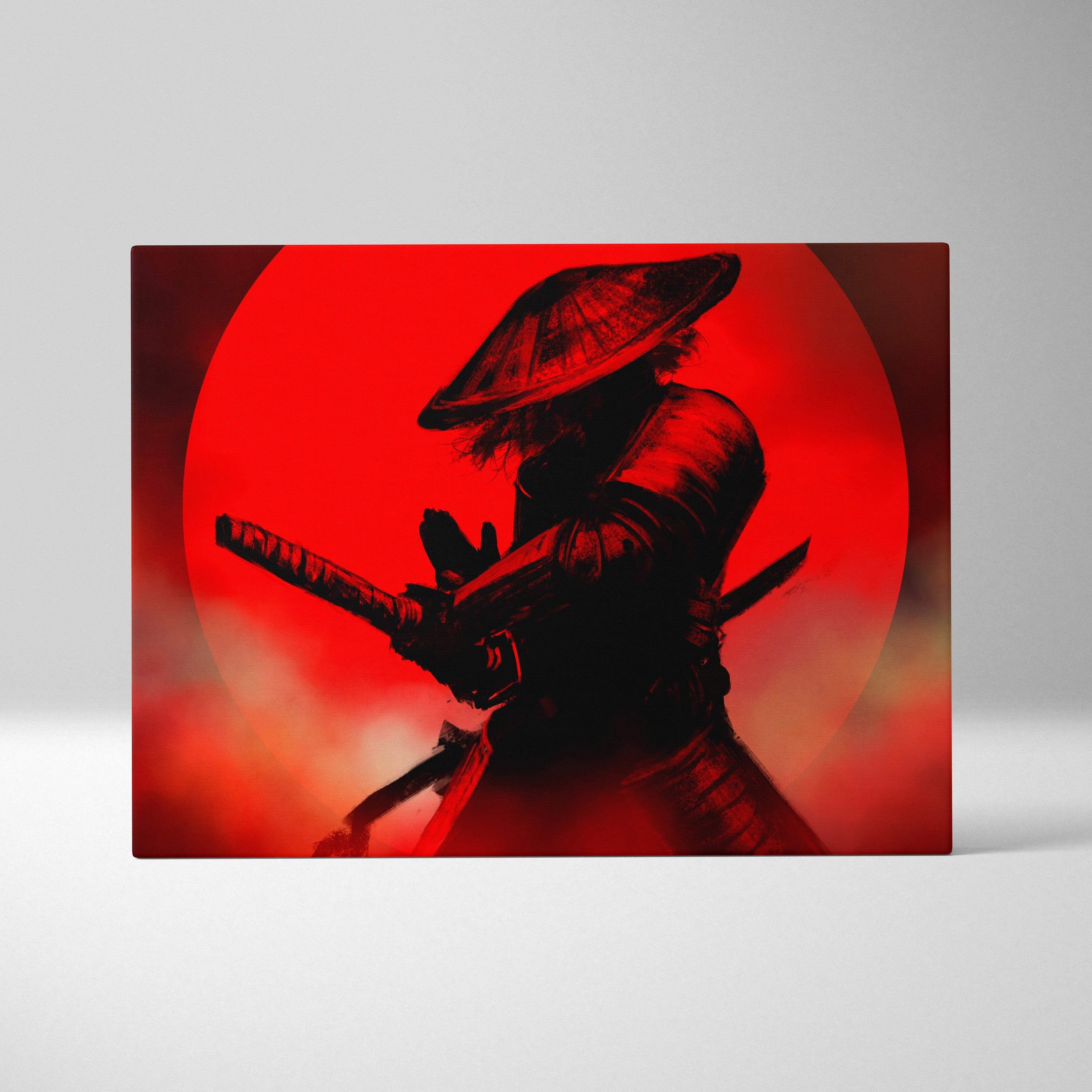 Red circular canvas print with black samurai silhouette wearing conical hat on blood red backdrop for martial arts decor