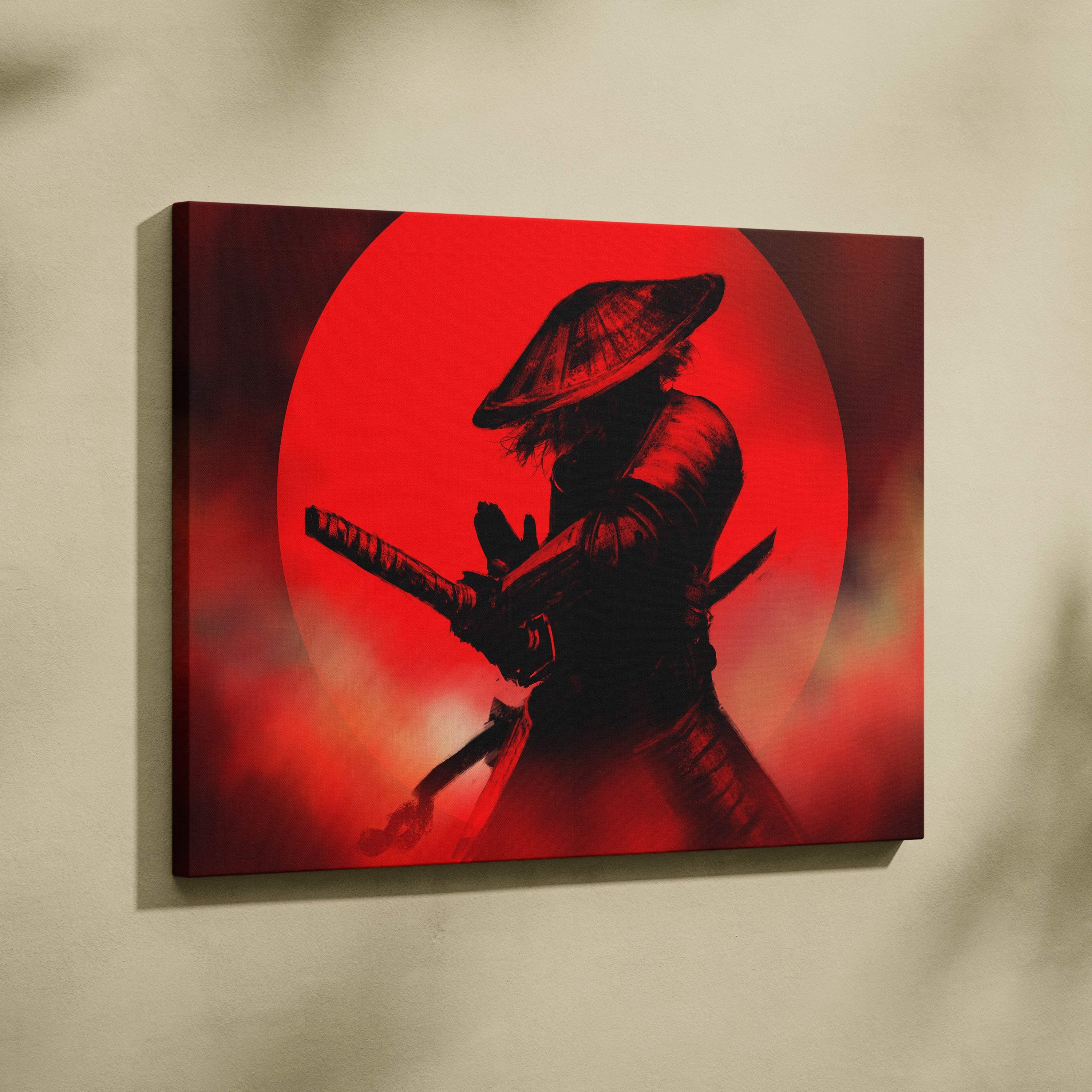 Red samurai canvas print of a black ninja with katana on a bold crimson circular backdrop for martial arts decor