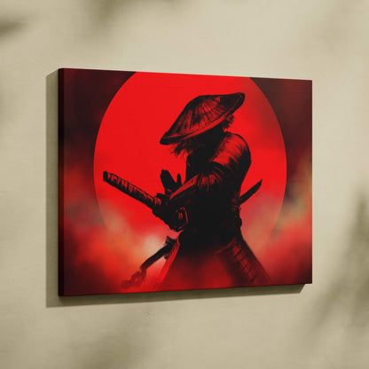Red samurai canvas print of a black ninja with katana on a bold crimson circular backdrop for martial arts decor
