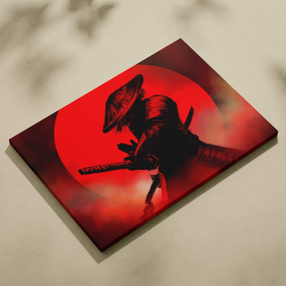 Red samurai canvas print featuring a black silhouette of a samurai in armor holding a sword against a red backdrop