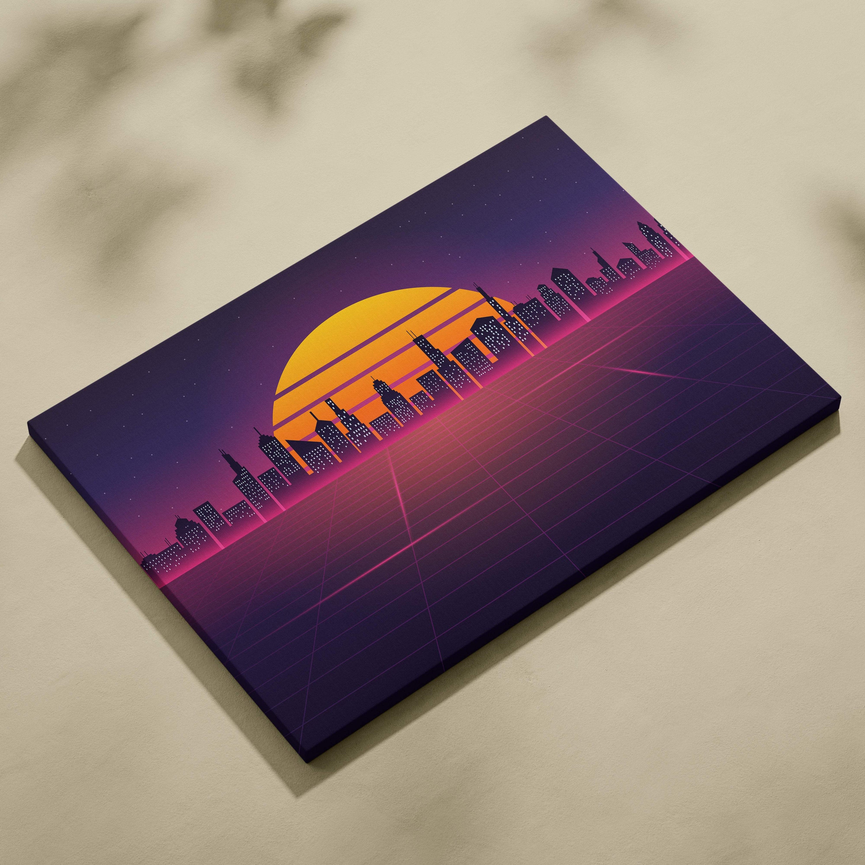Vaporwave city skyline grid canvas art print with vibrant orange sun setting behind purple and pink retrowave skyscrapers