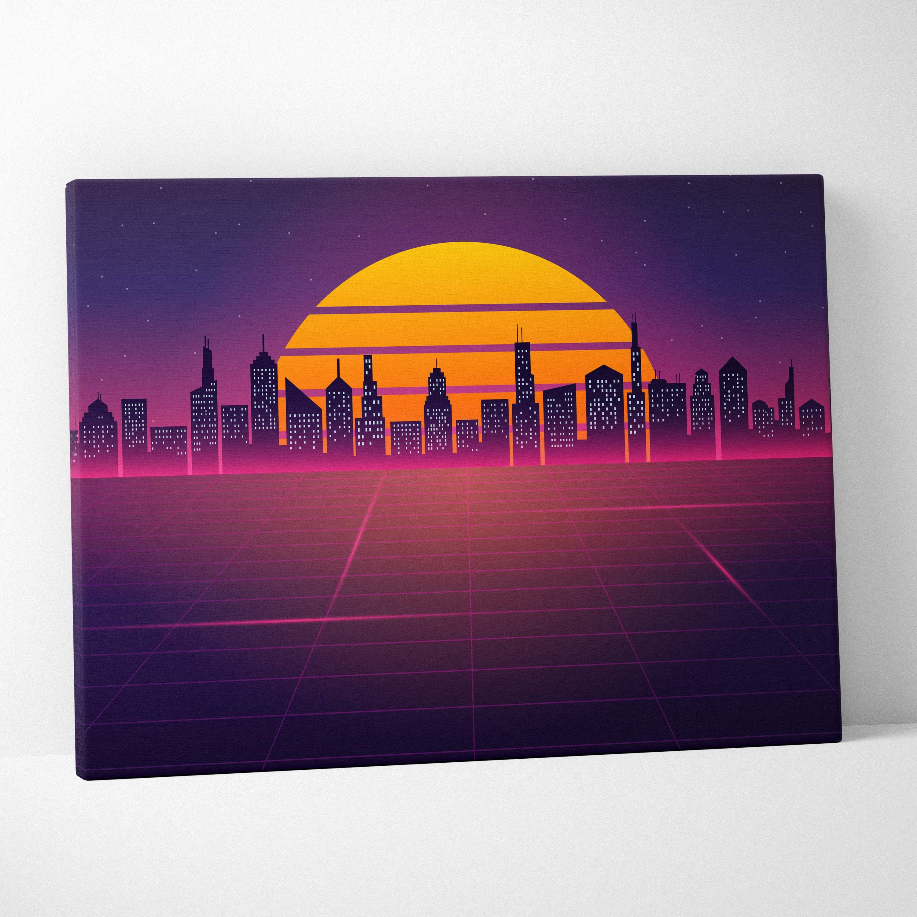 Vaporwave city skyline grid canvas art print with glowing orange sun and purple pink synthwave urban horizon nightscape