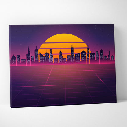 Vaporwave city skyline grid canvas art print with glowing orange sun and purple pink synthwave urban horizon nightscape