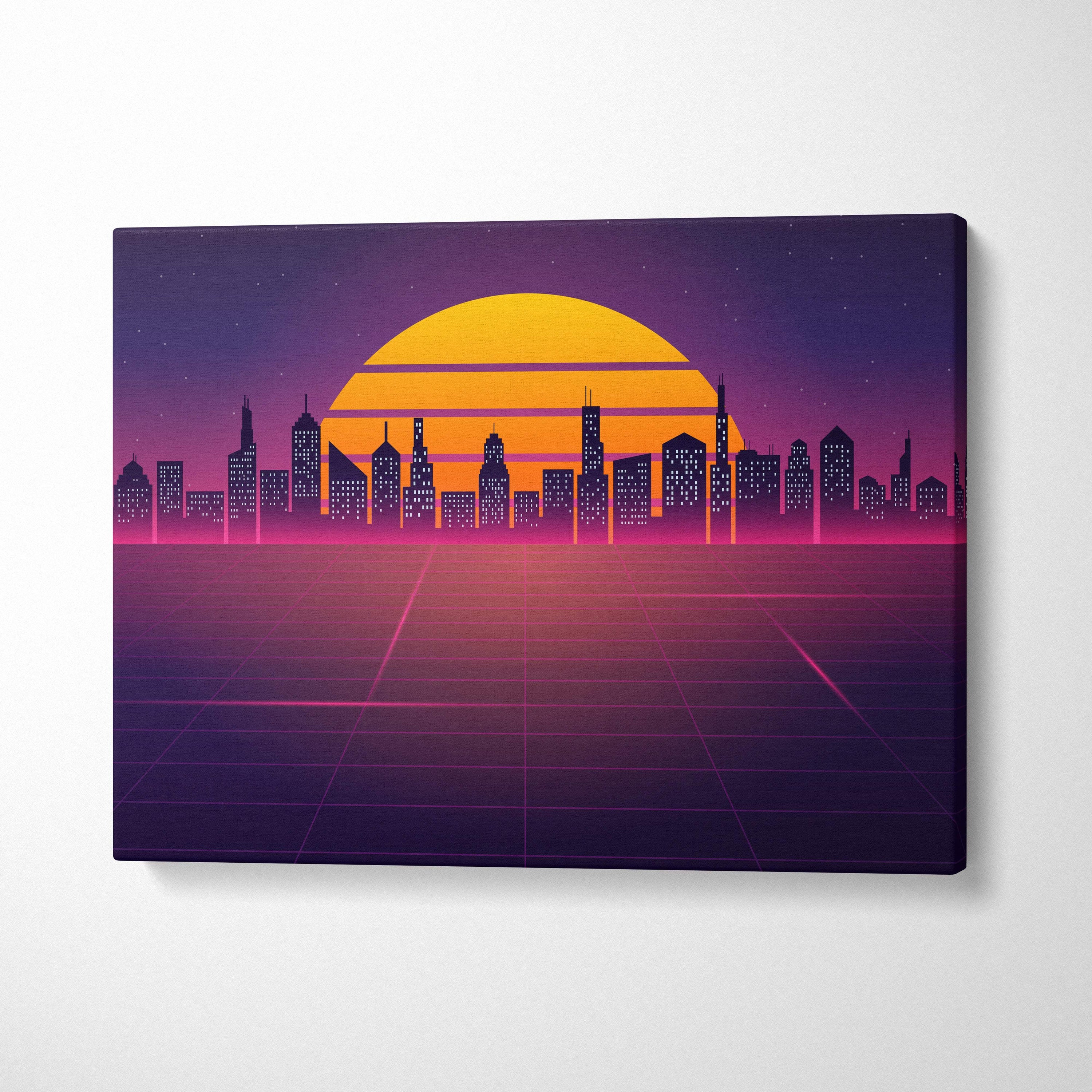 Vaporwave city skyline grid canvas art print with glowing yellow sun set behind purple pink synthwave urban horizon