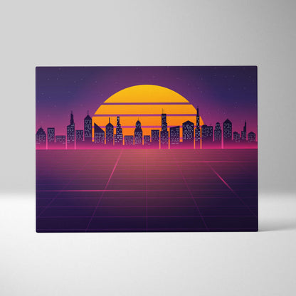 Vaporwave city skyline grid canvas art print with a glowing orange sun and purple pink synthwave urban horizon design