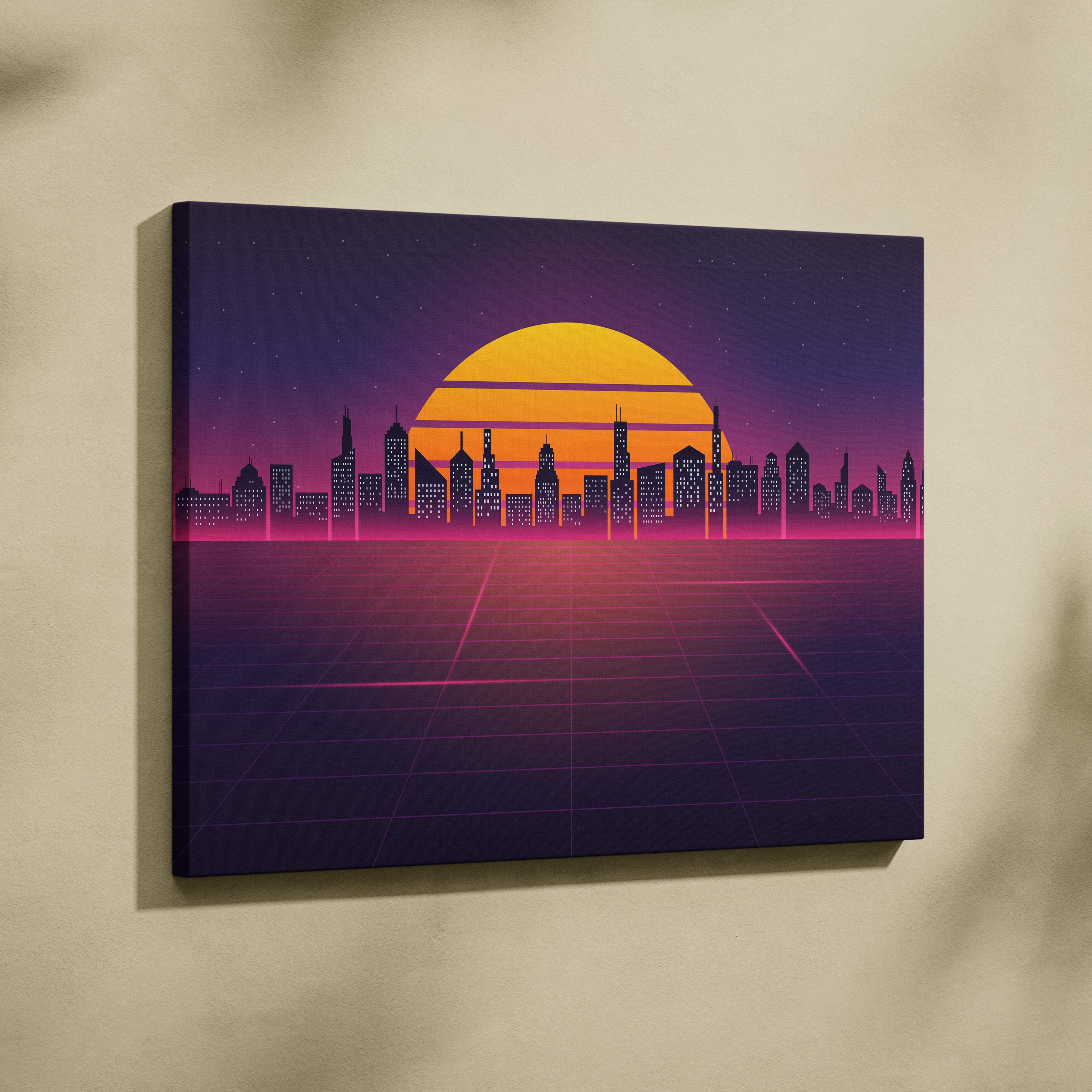 Vaporwave city skyline grid canvas art print with glowing orange sun set against purple pink synthwave urban horizon background