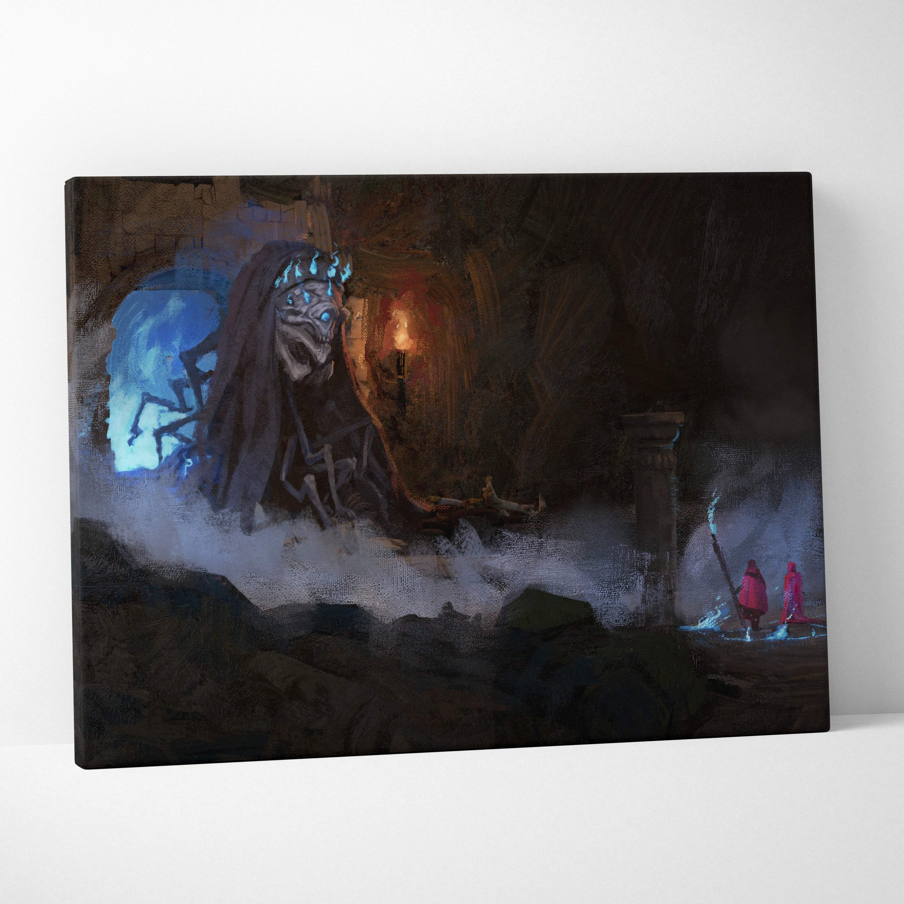 Dark necromancer canvas print featuring a skeletal figure with glowing blue crown and cloak in misty gothic ruins