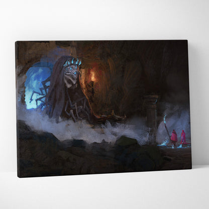 Dark necromancer canvas print featuring a skeletal figure with glowing blue crown and cloak in misty gothic ruins