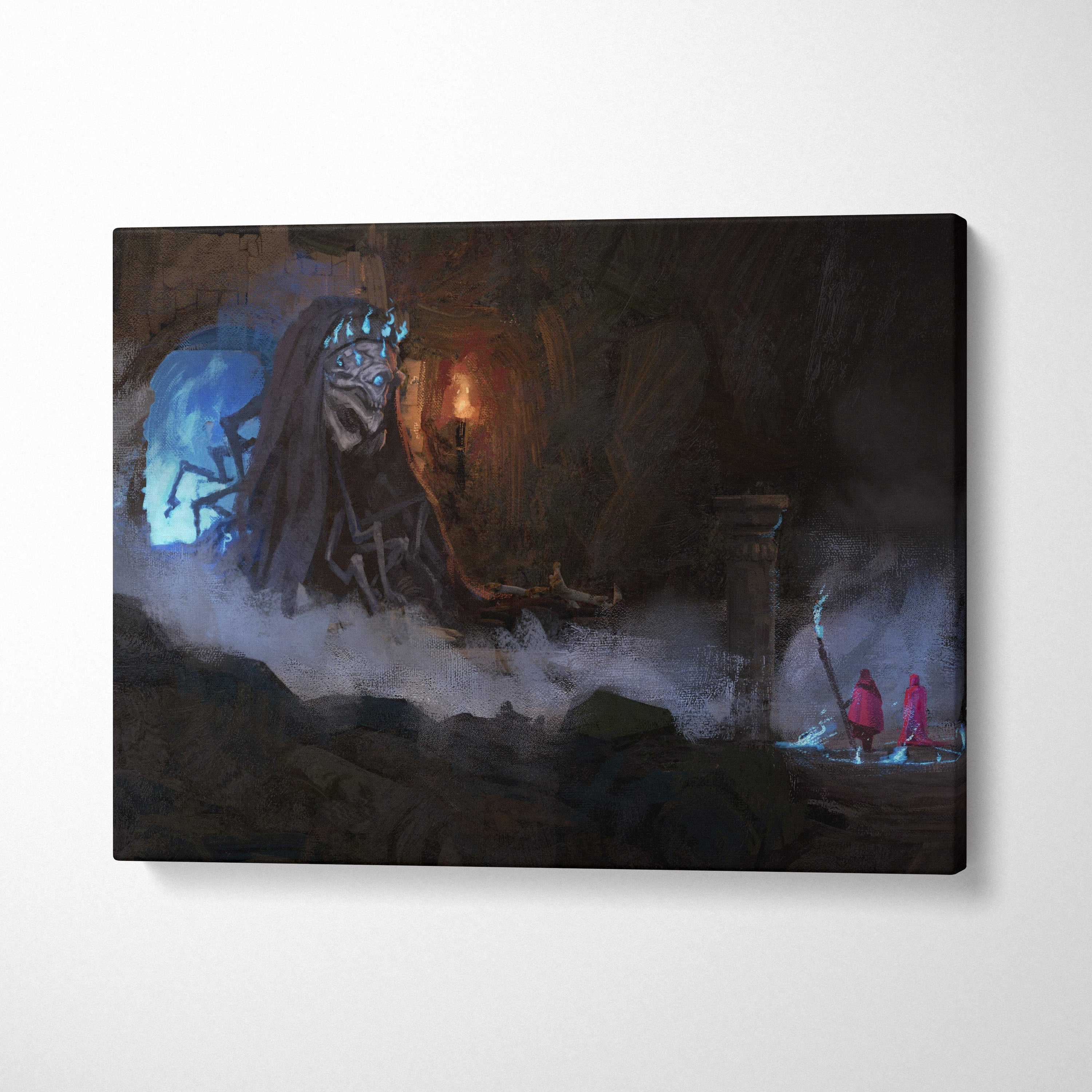 Dark necromancer canvas print featuring a large eerie figure in a blue ghost dungeon cave fantasy horror scene