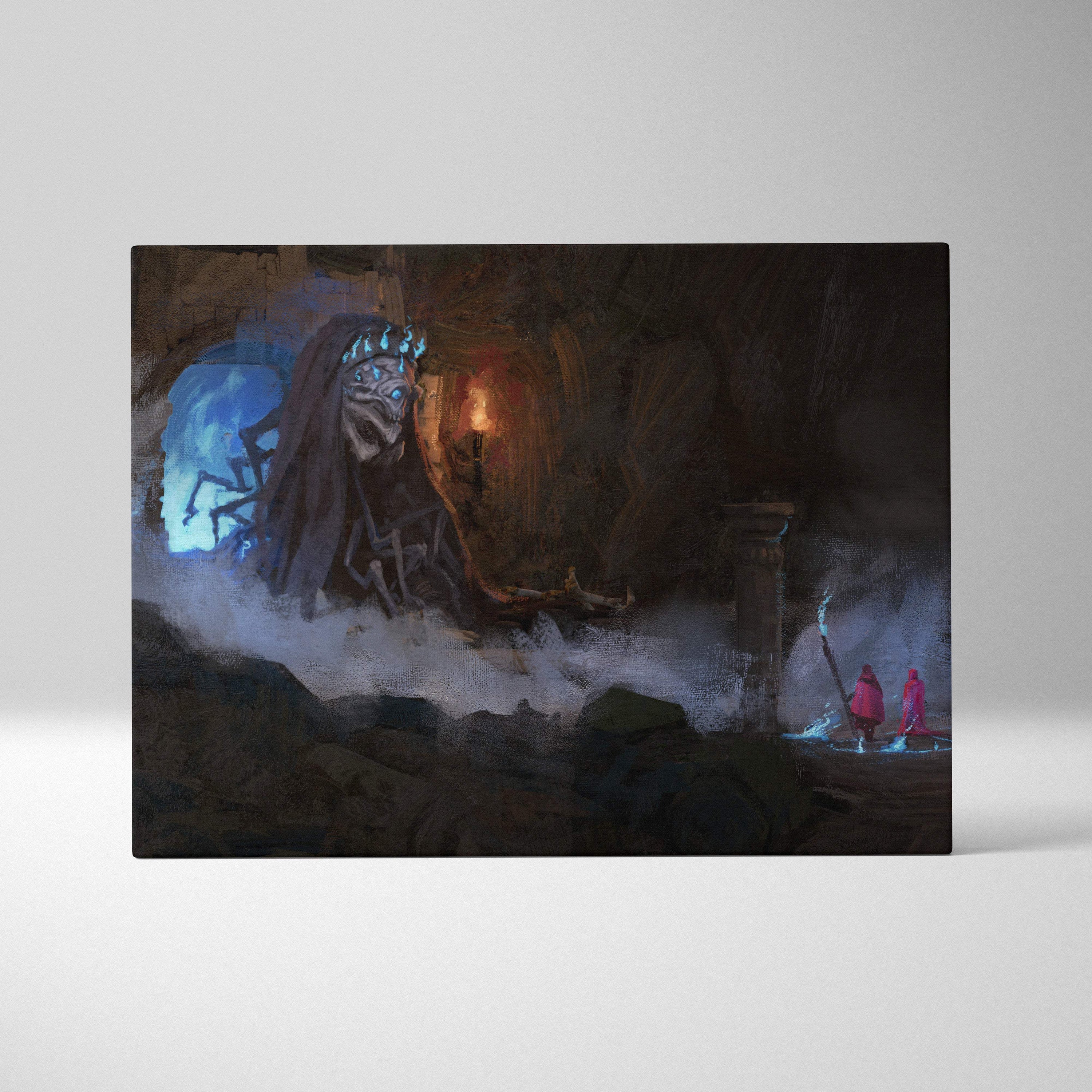 Dark necromancer canvas print featuring a skeletal figure with glowing blue eyes and crown in misty caverns