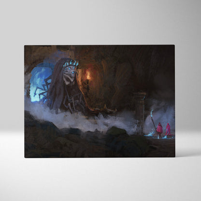 Dark necromancer canvas print featuring a skeletal figure with glowing blue eyes and crown in misty caverns