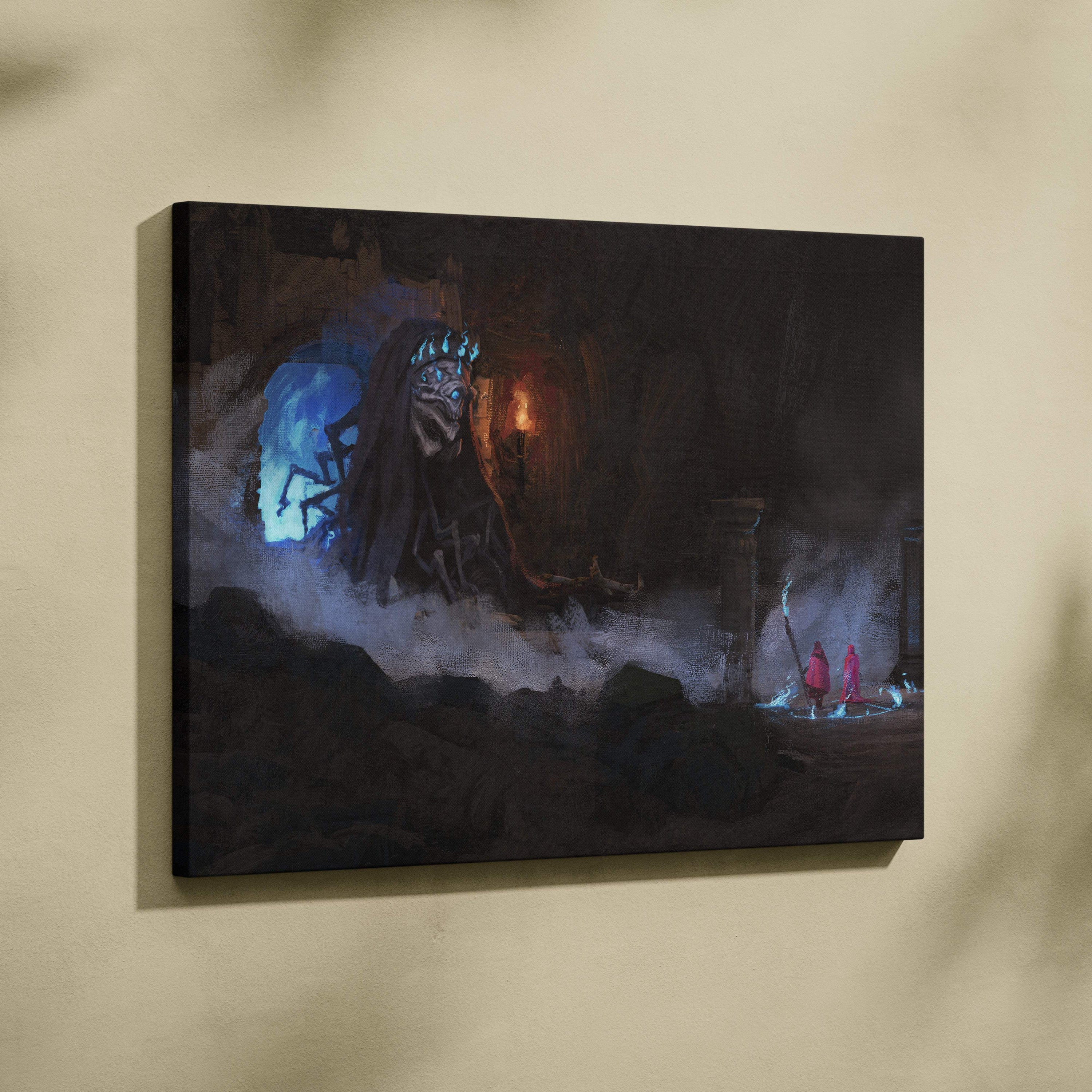 Dark necromancer canvas print with glowing blue and orange lights gothic fantasy horror wall art decor