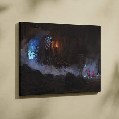 Dark necromancer canvas print with glowing blue and orange lights gothic fantasy horror wall art decor