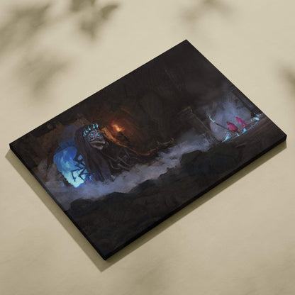 Dark necromancer canvas print with glowing blue and orange fantasy elements for gothic horror wall decor