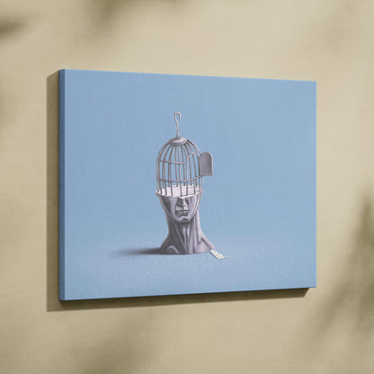 Contemporary birdcage head canvas wall art featuring a silver metallic birdcage over a gray sculpture on blue background