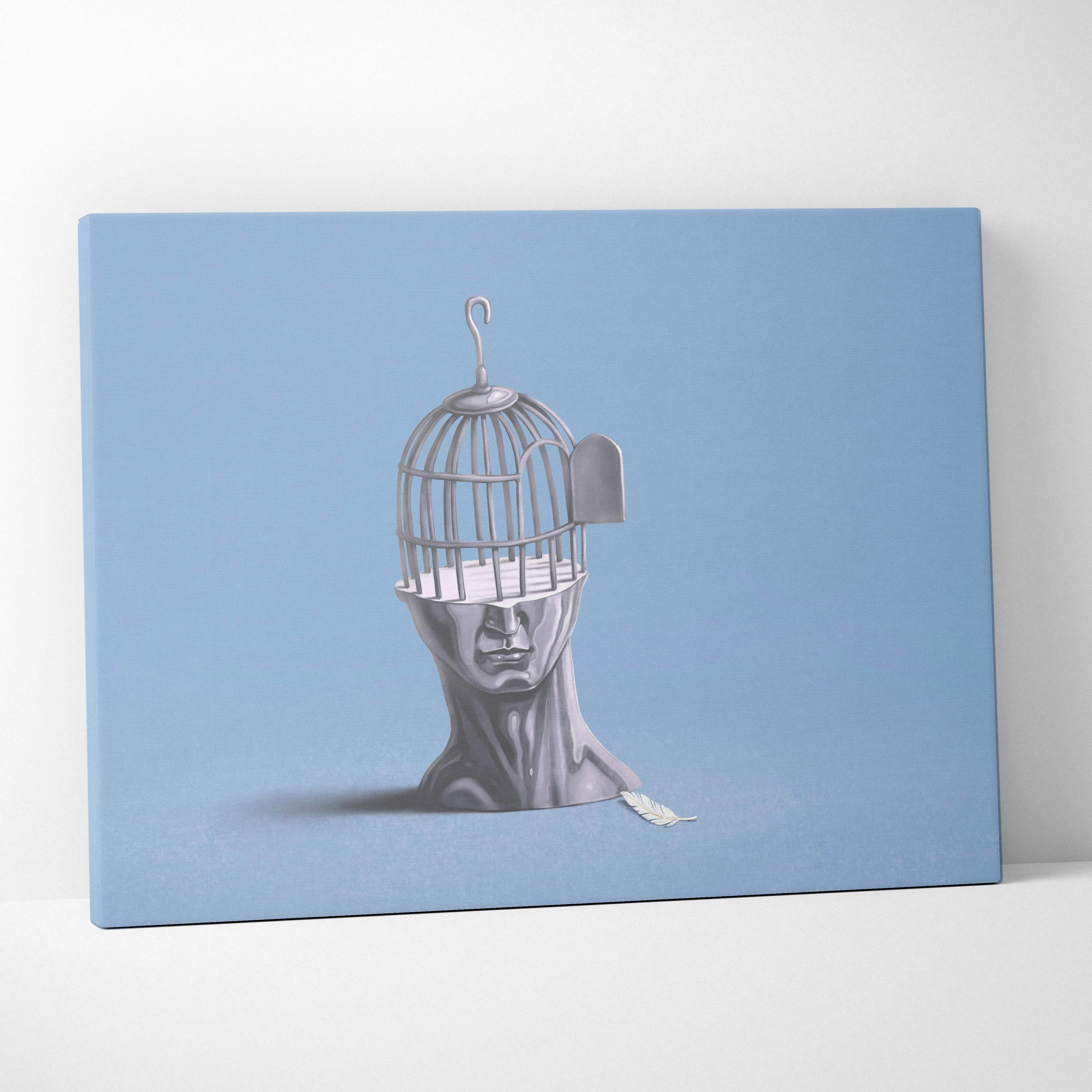Silver-toned canvas print of a human bust with a birdcage head against light blue background modern abstract decor