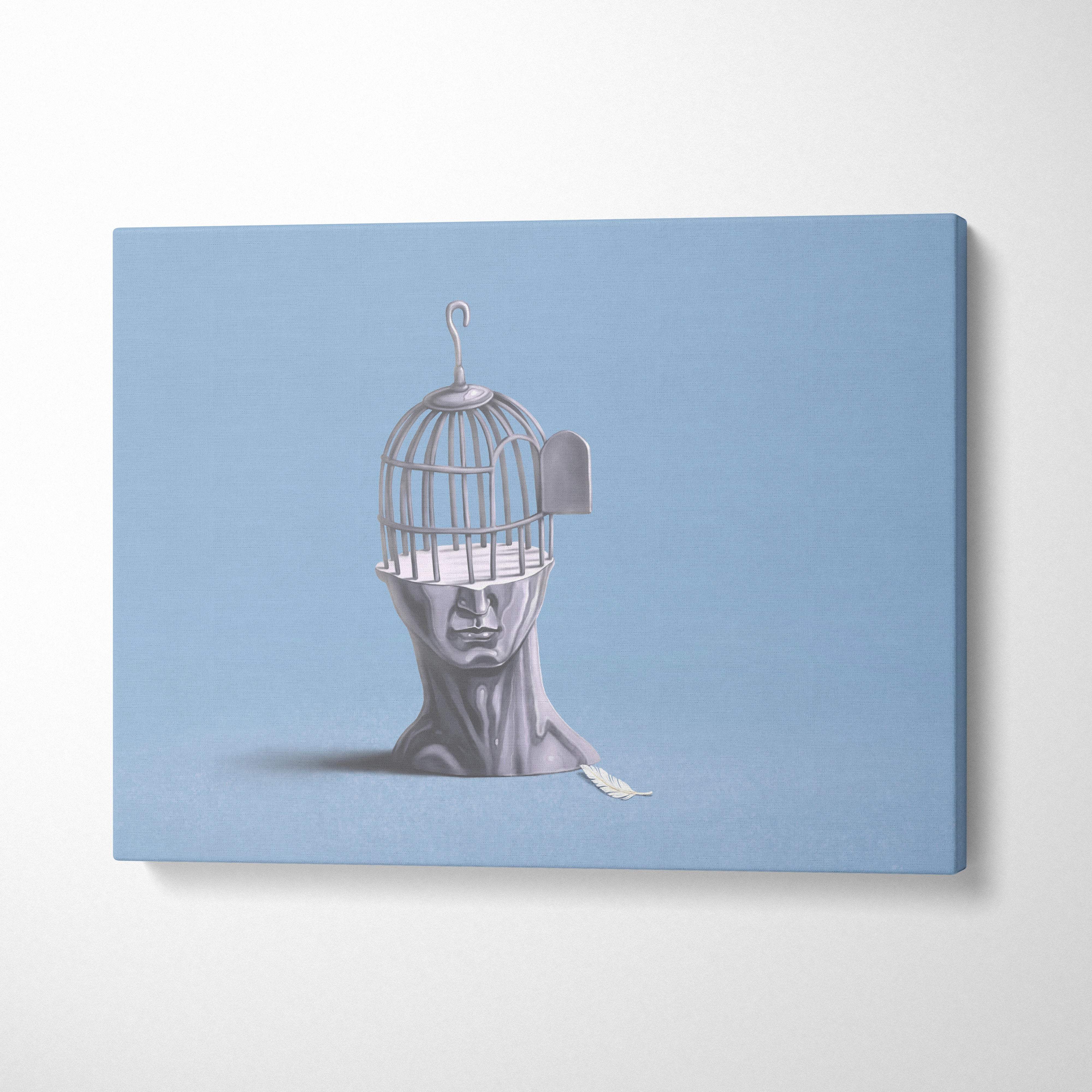 Contemporary silver-toned canvas print of a human bust with birdcage head on soft blue background for modern office decor