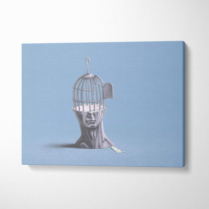 Contemporary silver-toned canvas print of a human bust with birdcage head on soft blue background for modern office decor