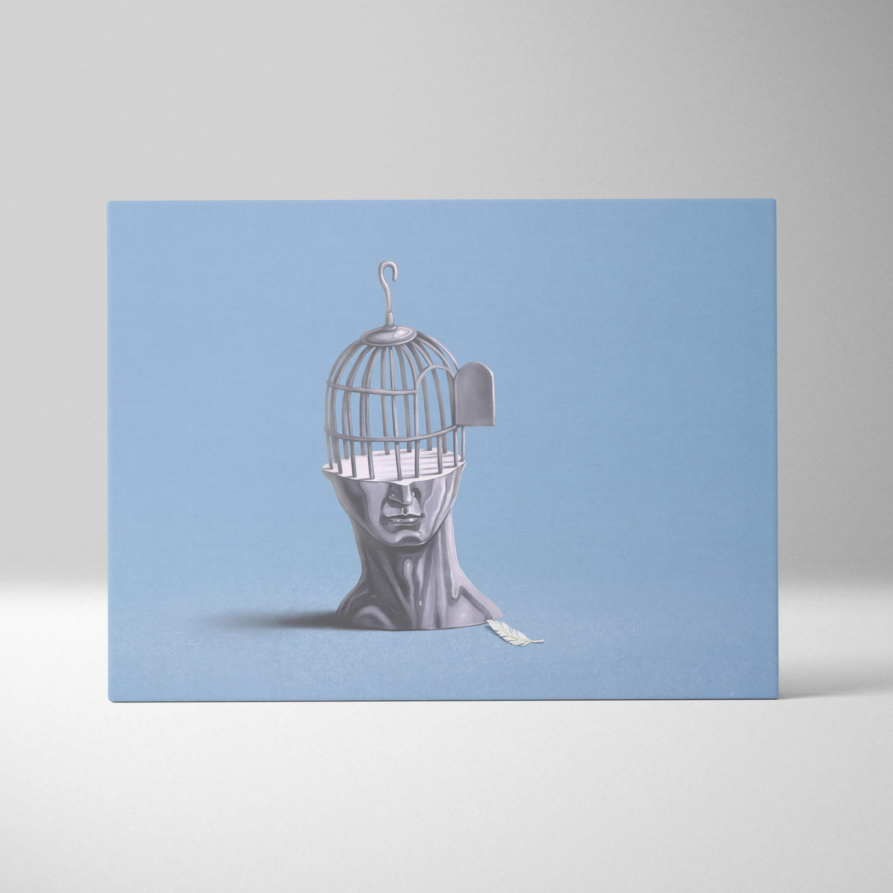 Contemporary silver-toned metal birdcage mounted on a sculptural bust head in blue minimal surreal portrait print wall art