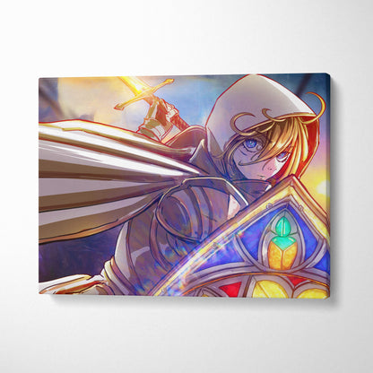 A vibrant anime-style canvas art featuring a white and gold armored knight with glowing sword and stained glass shield