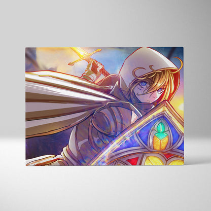 Rectangular anime canvas art of a blonde holy knight with blue eyes holding a glowing sword and stained glass shield