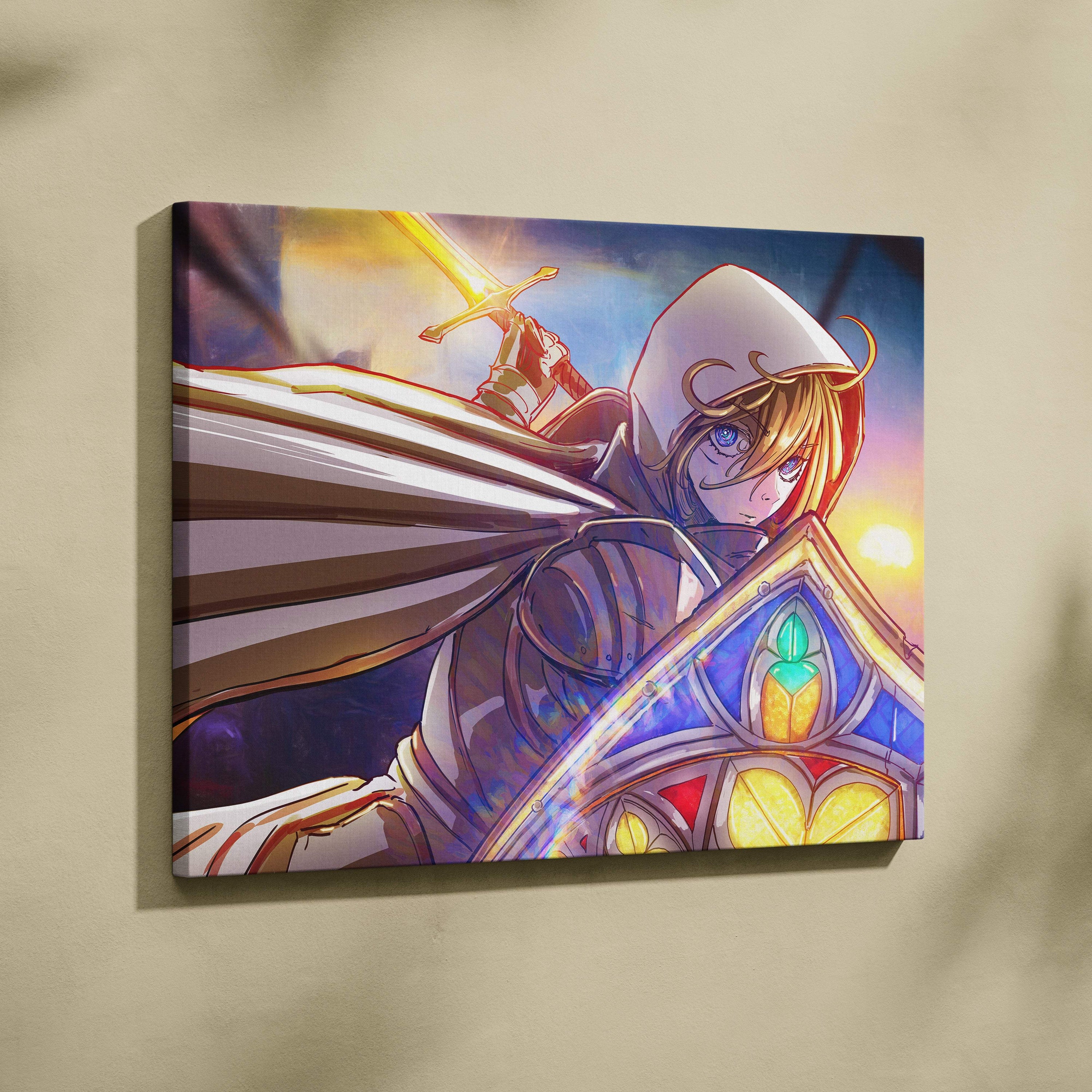 Holly knight anime canvas art featuring a silver armored hooded knight with a glowing sword and stained glass shield