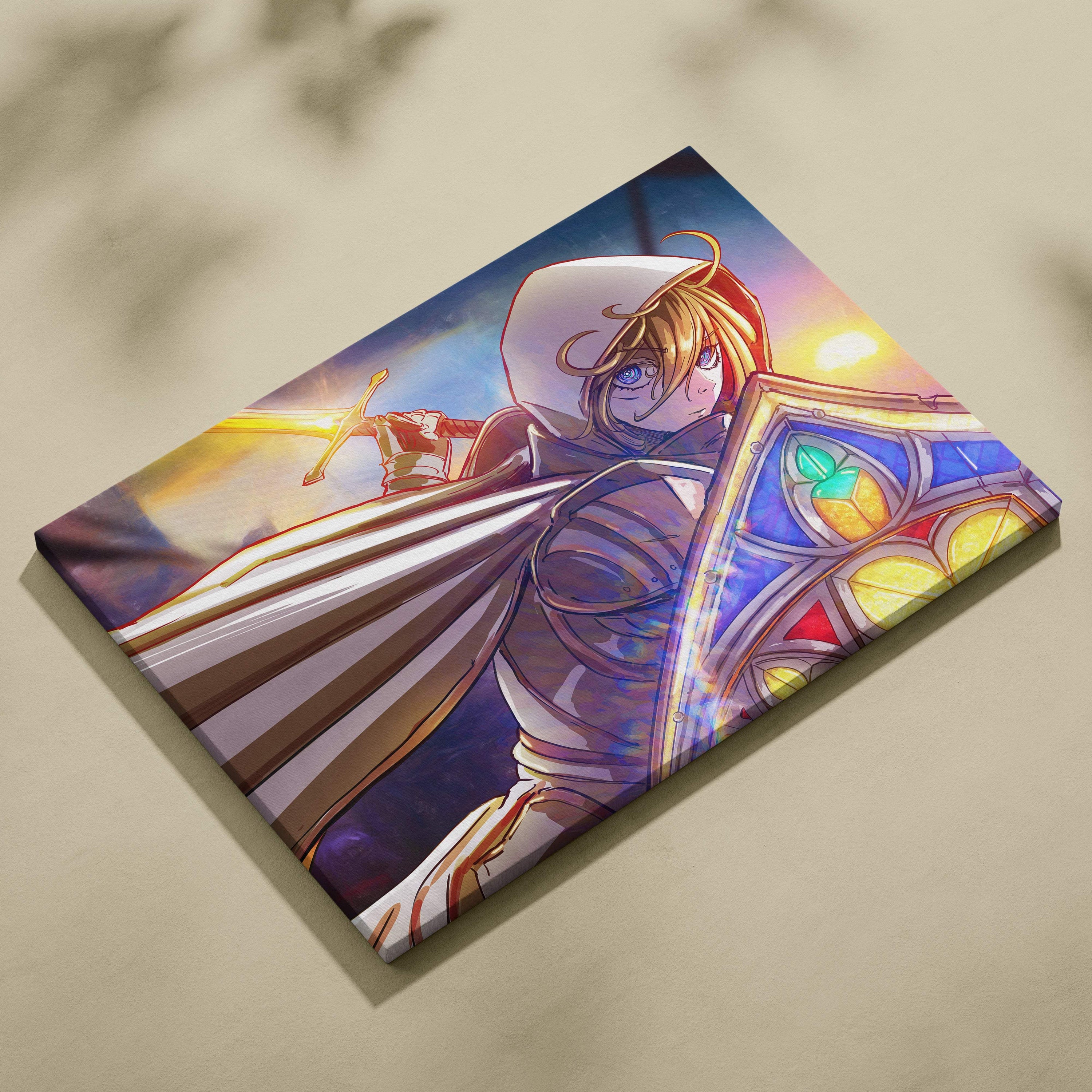 Holy knight anime canvas art featuring a paladin in white and gold armor with sword and stained glass shield at sunset