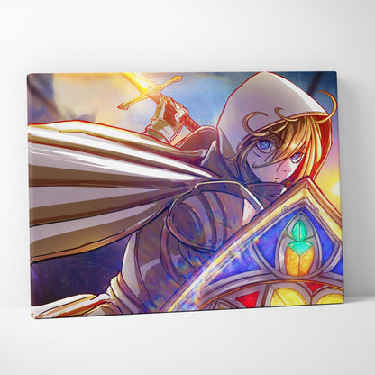 A vibrant anime-style canvas art of a hooded silver-armored holy knight with a glowing sword and stained glass shield