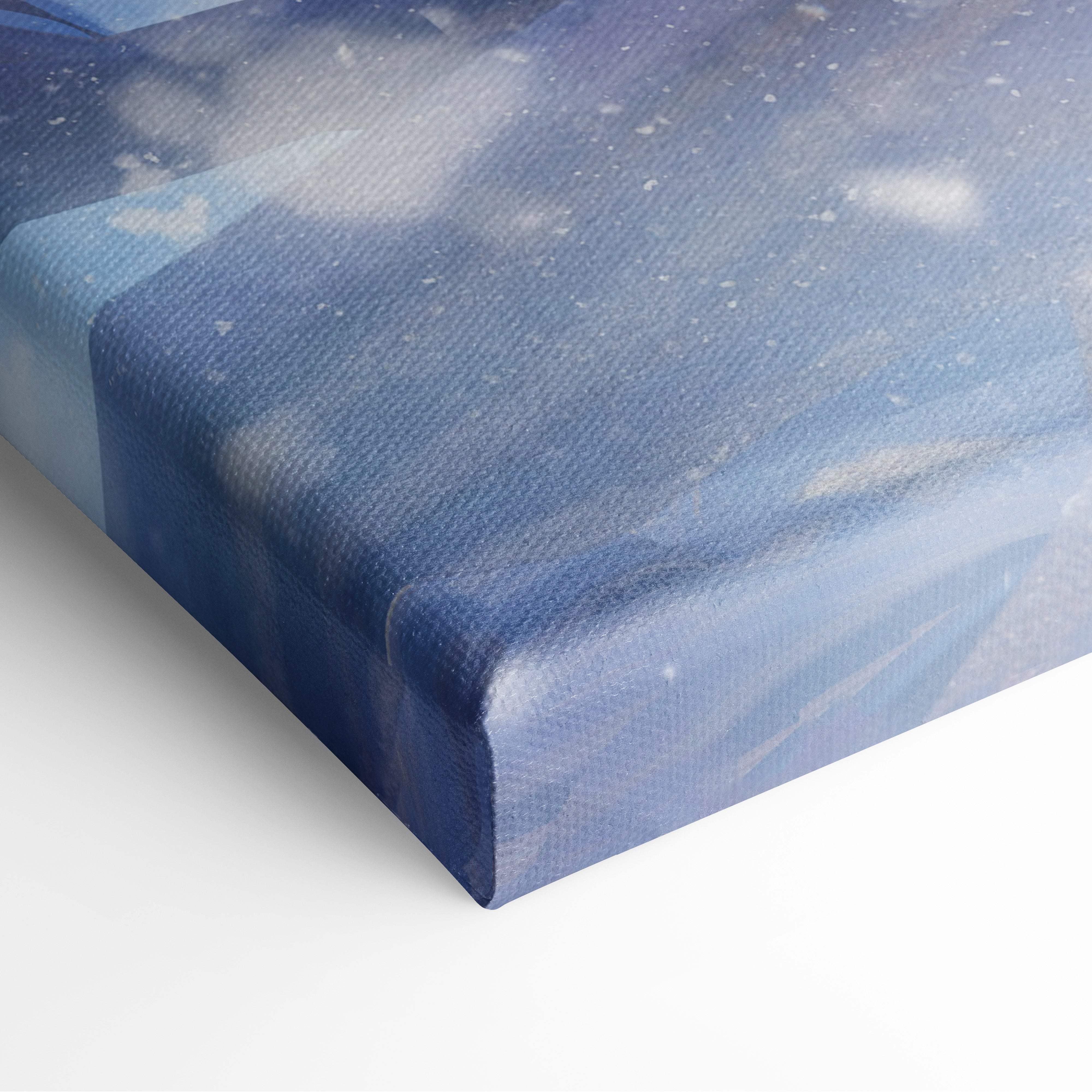 Blue canvas print of celestial valkyrie with starry night sky glowing sword and winged helmet in icy blue tones