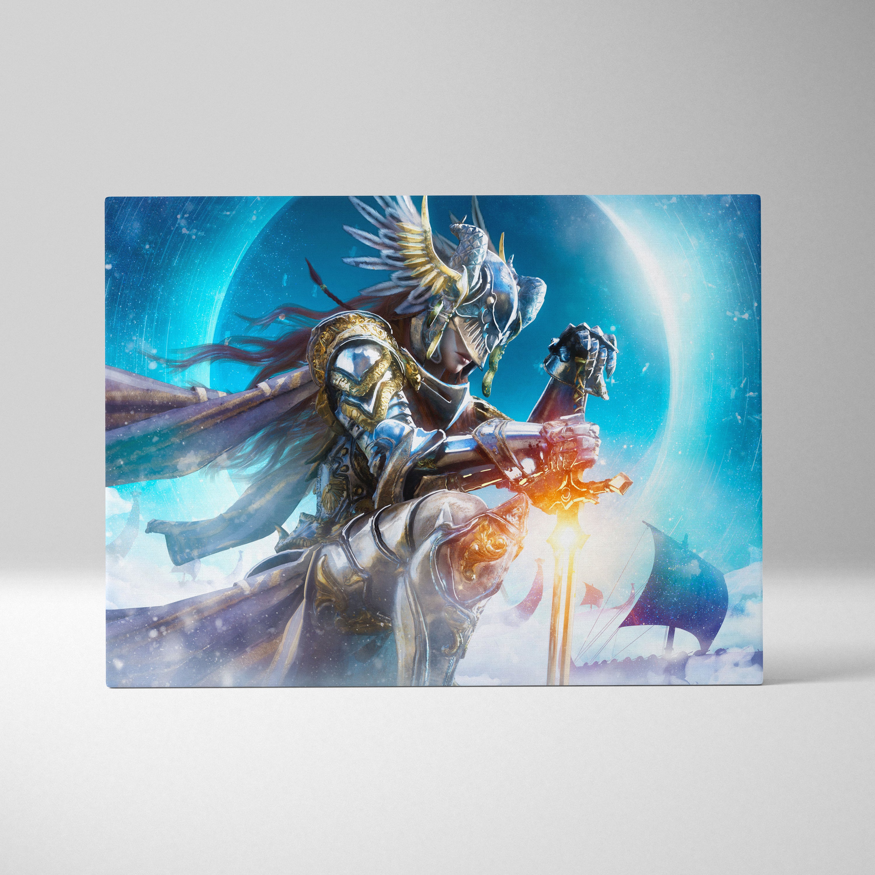 Celestial Valkyrie Canvas Art – Epic Nordic Fantasy Warrior with Winged Helmet, Glowing Sword, Icy Blue Sky, Snowy Atmosphere, and Cinematic Mythic Illustration Style